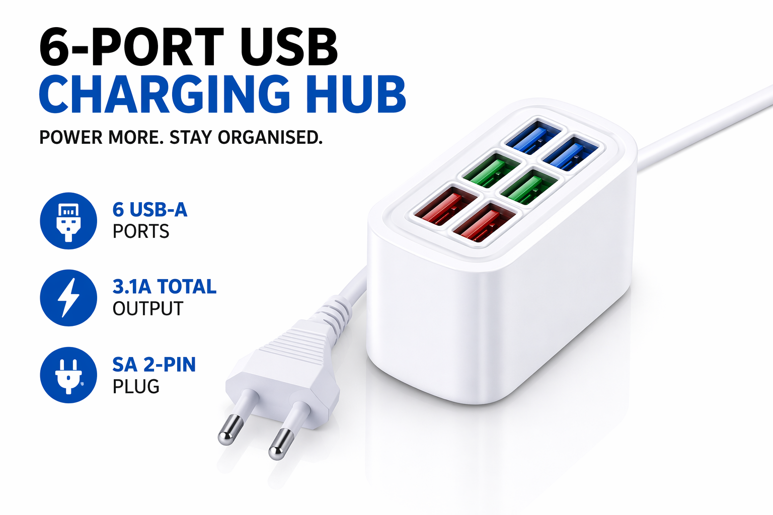 NerdMiner Desk Power Hub – 6× USB, 1.0m Cable